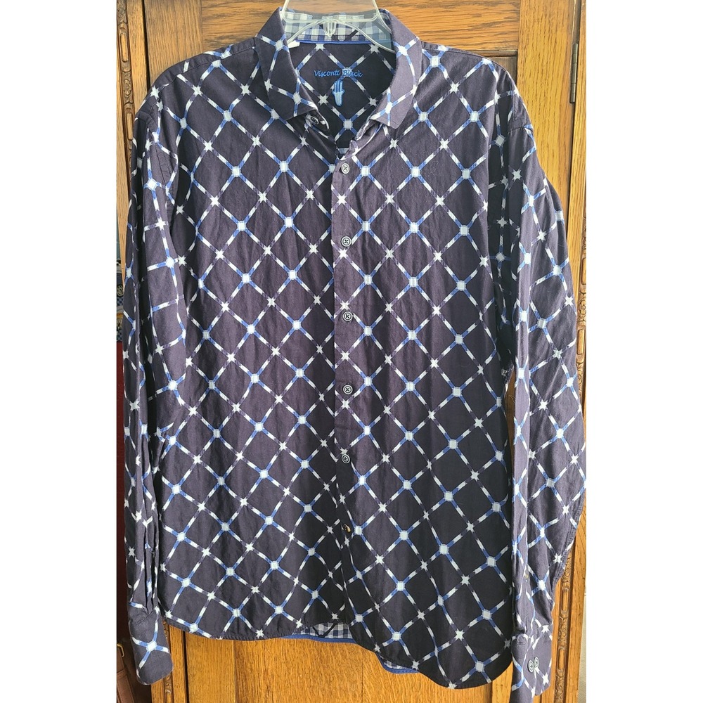 Luchiano Visconti Black Mens XL Blue Diamond Lattice Button Down Cotton Shirt
